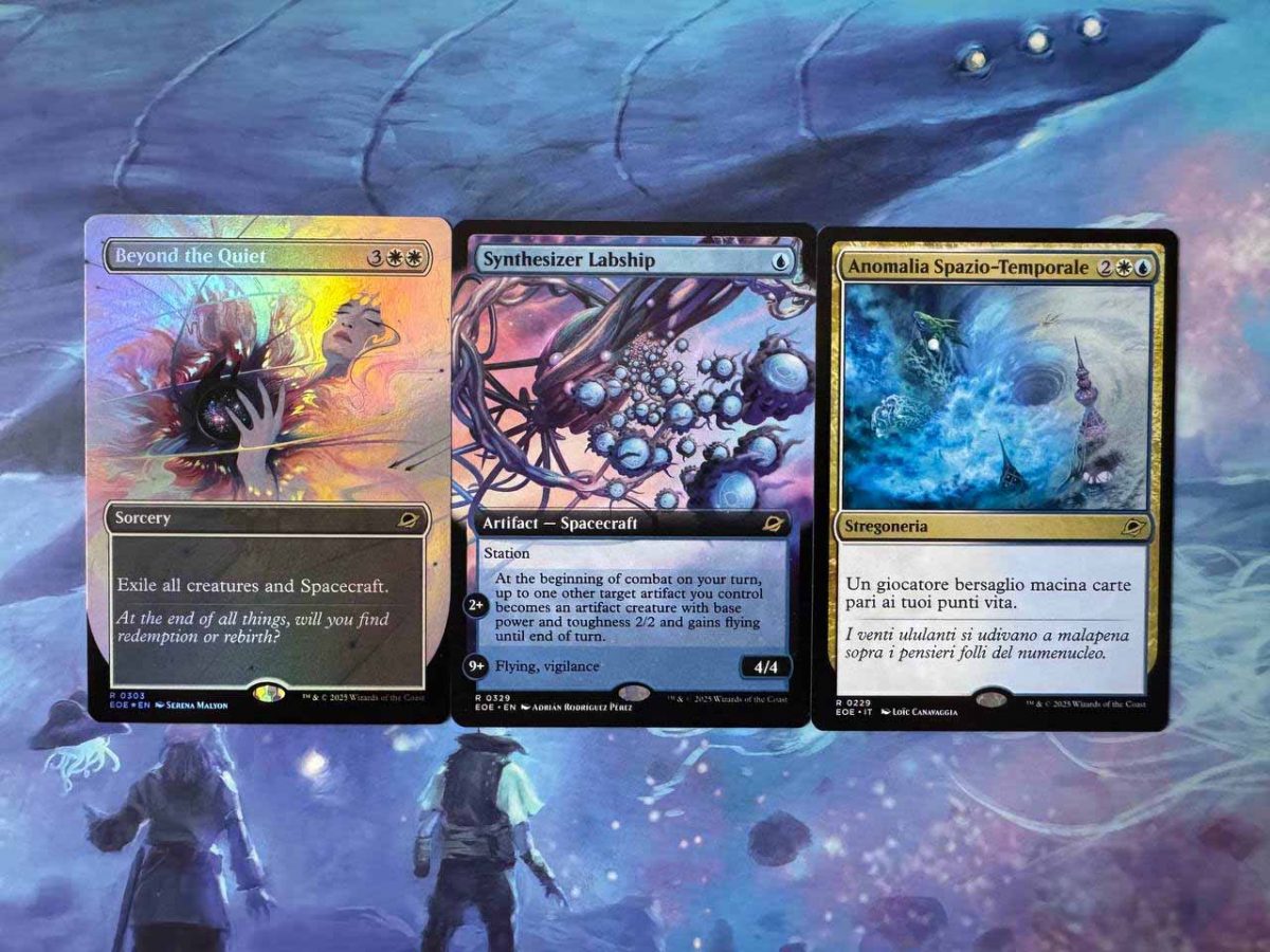 Carte rare con diversi stili di artwork di Magic: The Gathering, provenienti dal set Ai Confini dell'Eternità (Edge of Eternities)