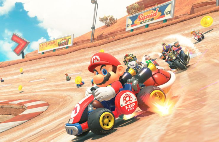 screenshot di Mario Kart World con Mario in prima posizione e gli altri dietro in una curva