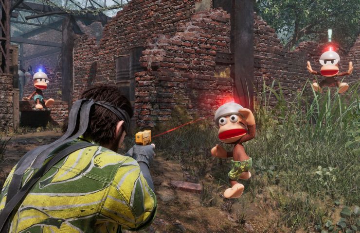 screenshot di Metal Gear Solid 3 Delta con Snake che spara a una scimmia di Ape Escape