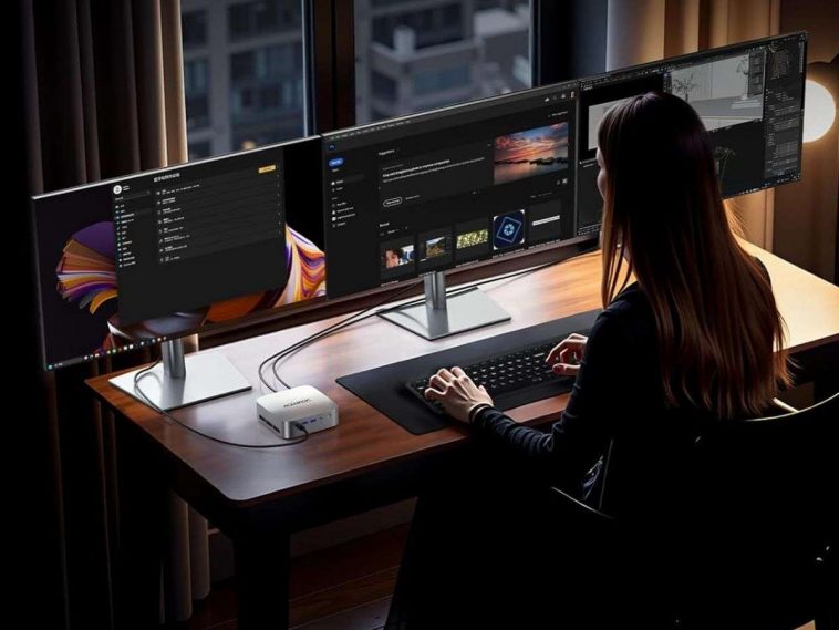 ACEMAGIC M1 Mini PC su scrivania con ragazza che lavora con tre schermi