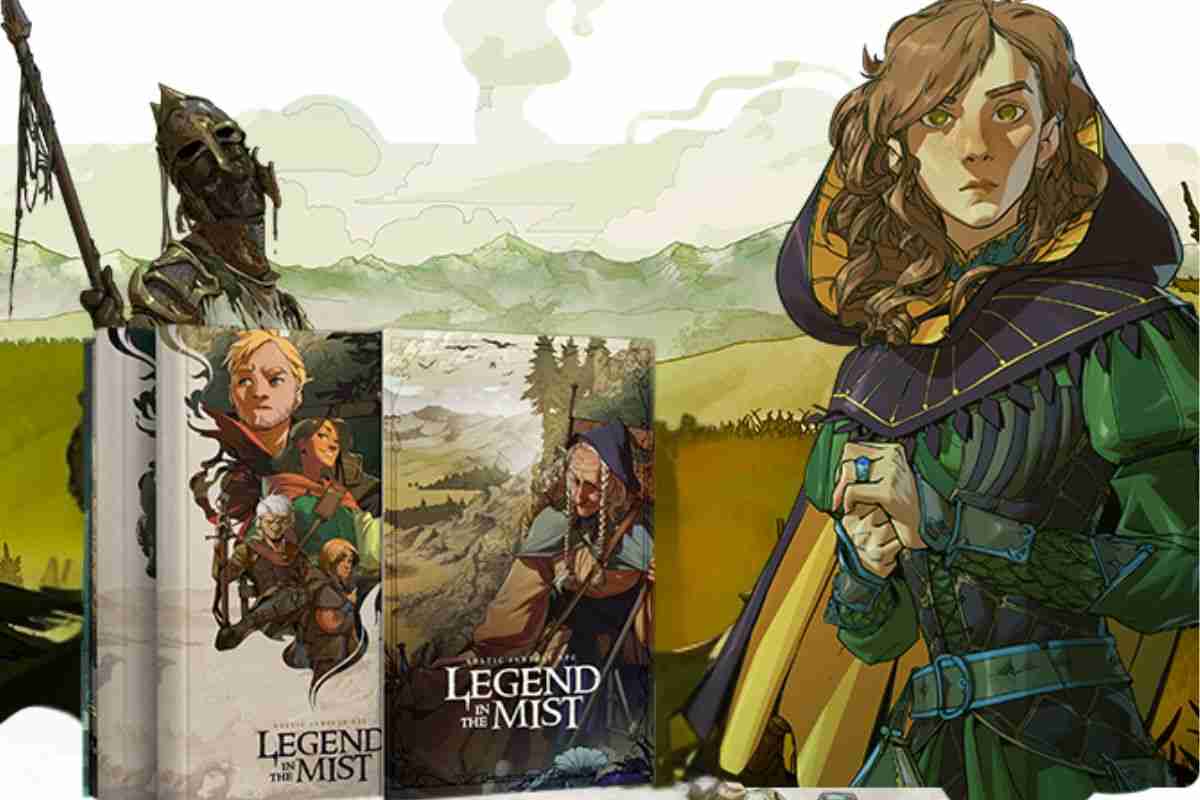 ragazza con corazza verde, sfondo rurale, due libri con scritta legend in the mist