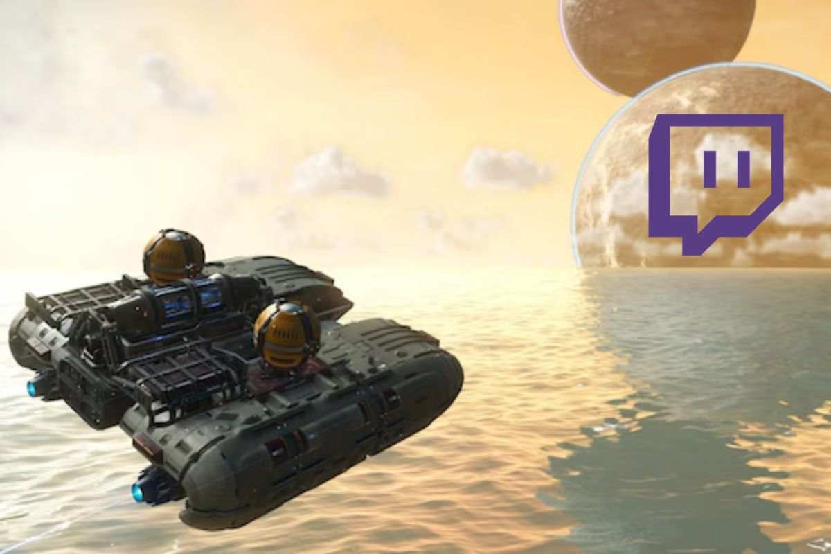 navicella modulare che vola verso due lune con logo twitch
