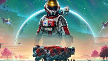 astronauta con sotto astronave su pianeta verdeggiante