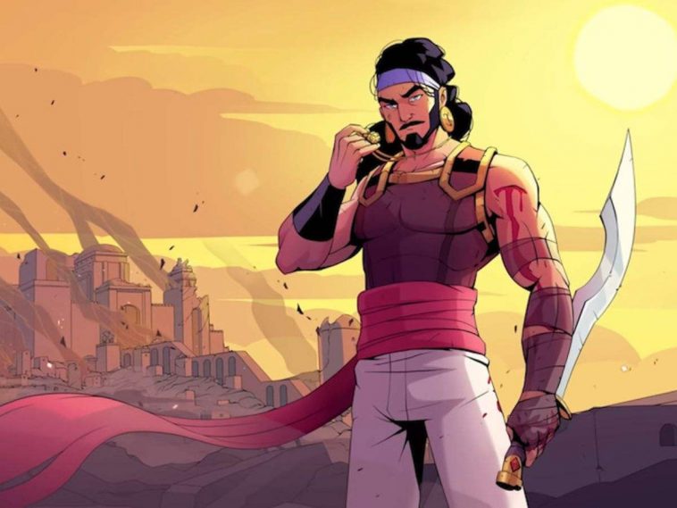 uomo mediorentale con sciabola, cintura rossa, capelli lunghi