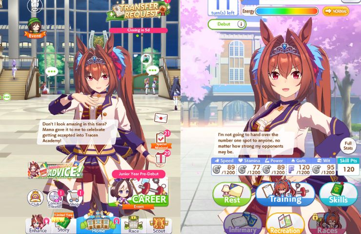 screenshot di Umamusume Pretty Derby menù di gioco del personaggio