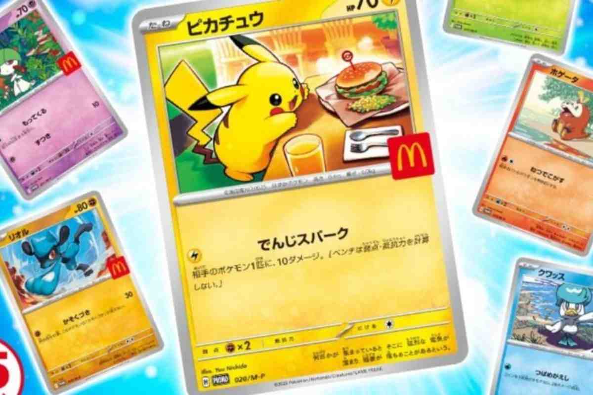 carta pokemon con pikachu che mangia un hamburger in fast food