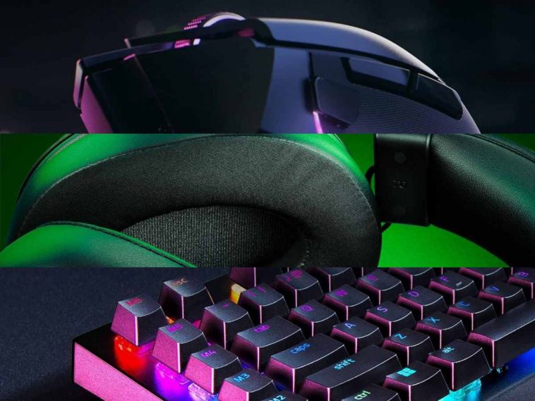 prodotti razer in collage orizzontale: mouse, cuffie e tastiera