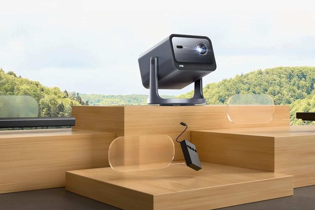 proiettore hisense sopra piattaforma di legno