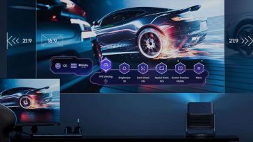 proiettore hisense sopra scrivania che proietta immagine di automobile