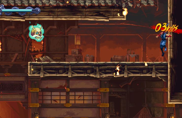 screenshot di ninja gaiden ragebound con kenji che sta per affrontare un teschio volante