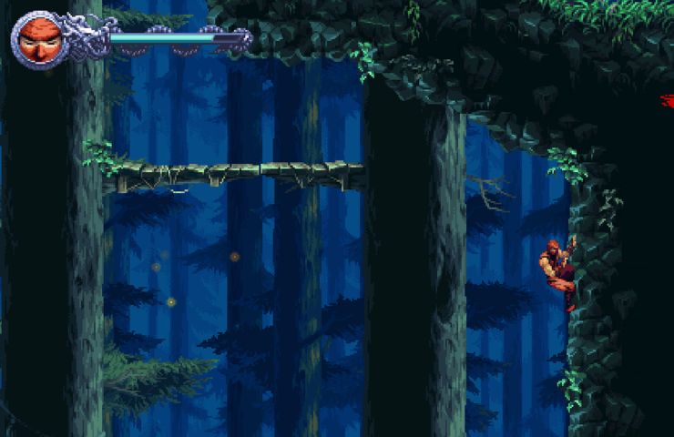 screenshot di ninja gaiden ragebound con personaggio appeso all'albero di notte
