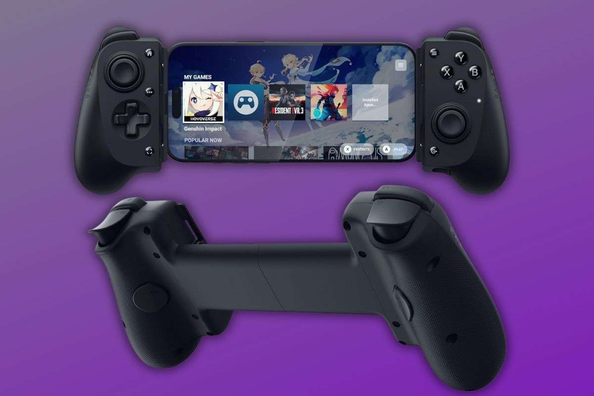 console portatile Razer con cellulare inserito, retro senza cellulare