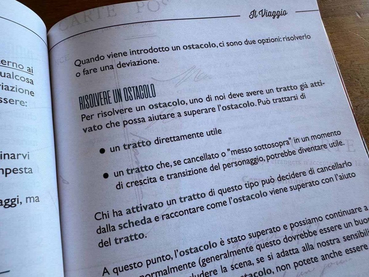 Passaggio del manuale di Ribbon Drive in cui si spiega come superare gli ostacoli attraverso l'utilizzo dei tratti dei personaggi