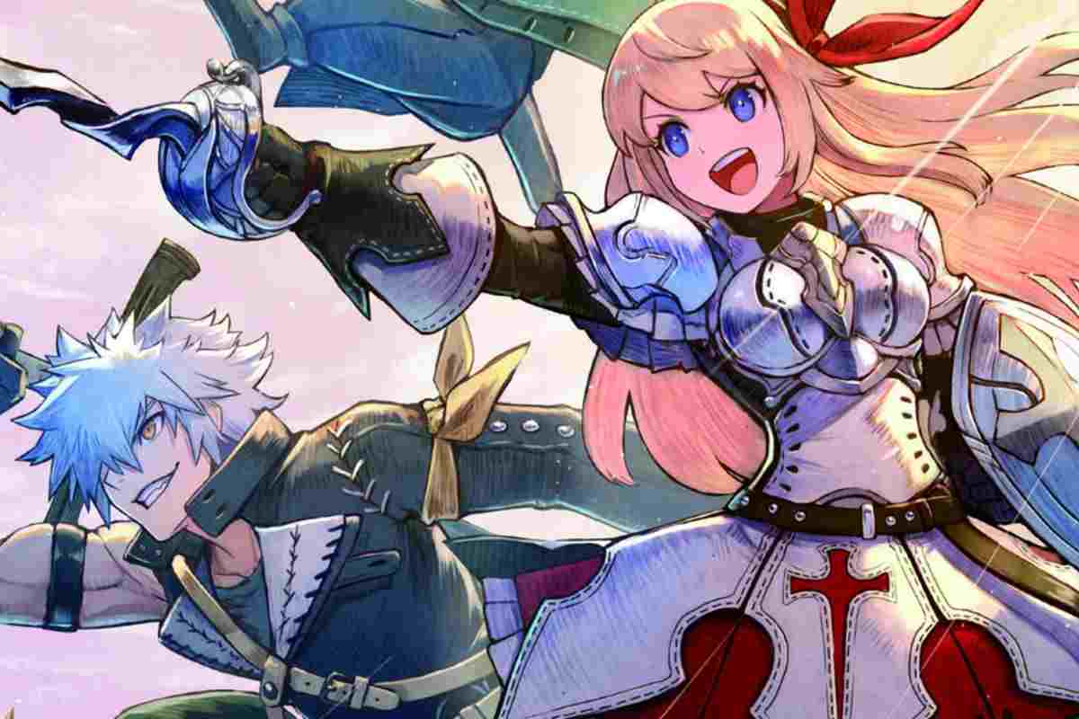 personaggio maschile che scatta in avanti, personaggio femminile con spada in mano