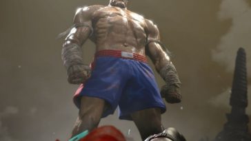 sagat personaggio alto pelato muscoloso in piedi davanti a personaggio steso per terra