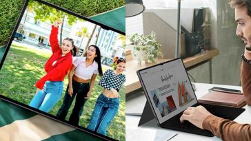 due foto affiancate con il galaxy tab s10 ultra prima che scatta foto e la seconda mentre una persona ci lavora