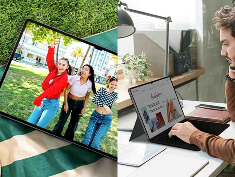 due foto affiancate con il galaxy tab s10 ultra prima che scatta foto e la seconda mentre una persona ci lavora