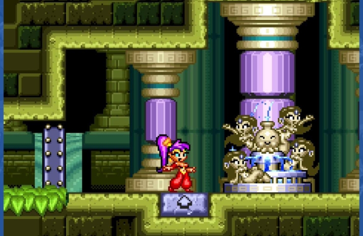 screenshot di shantae risky revolution con shantae davanti alla fontana
