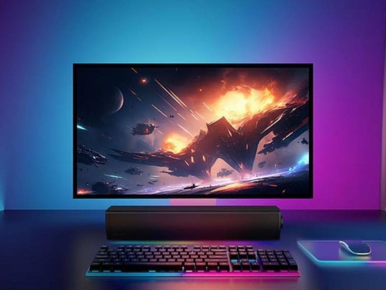 soundbar creative sotto schermo PC e tastiera