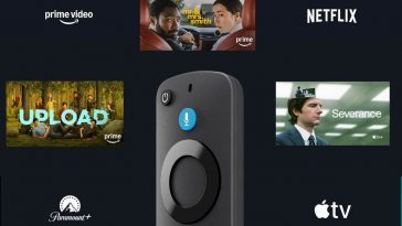 telecomando fire stick con accanto nomi servizi di streaming (paramount, apple TV) e immagini di serie TV di successo (severance, Mr. Mrs smith)