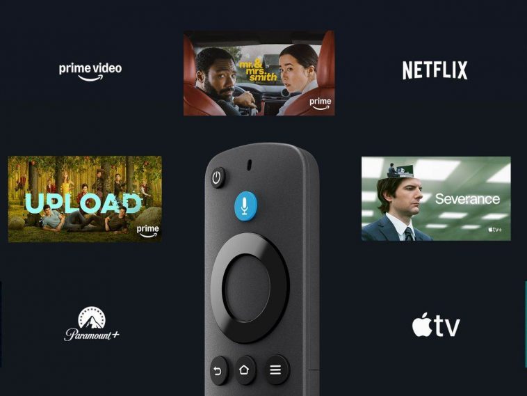 telecomando fire stick con accanto nomi servizi di streaming (paramount, apple TV) e immagini di serie TV di successo (severance, Mr. Mrs smith)