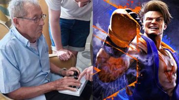 a sinistra persona anziana con joystick in mano, a destra personaggio di street fighter 6 con guantoni da boxe e capelli biondi