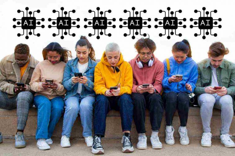 ragazzi con il telefono e Ia scritto dietro