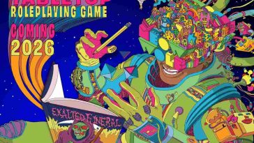 copertina con scritta meow wolf in stile surreale a riprodurre una persona multicolore che scrive su quaderno con scritta exalted funeral