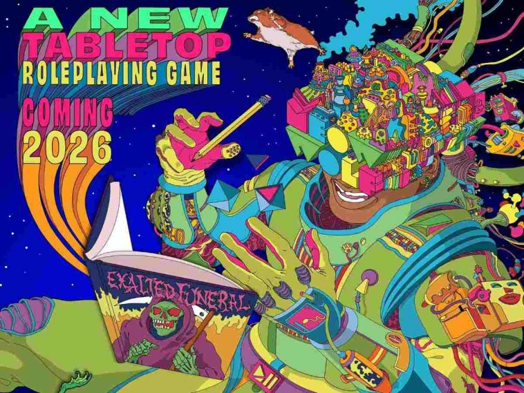 copertina con scritta meow wolf in stile surreale a riprodurre una persona multicolore che scrive su quaderno con scritta exalted funeral