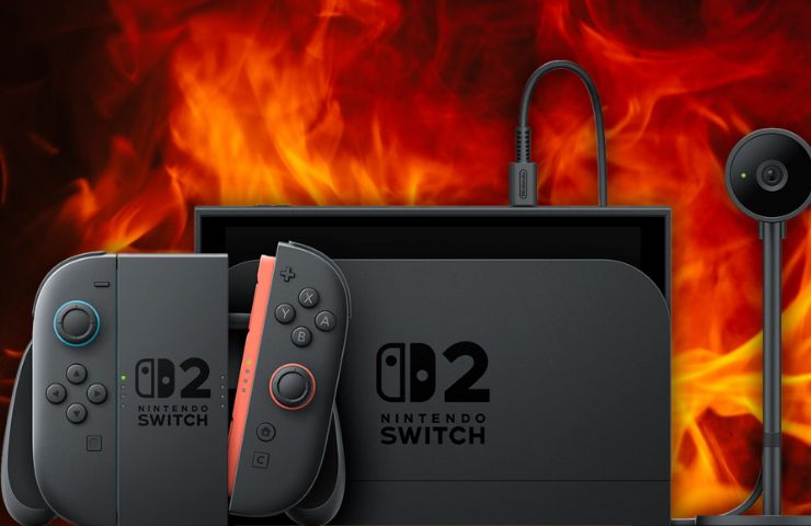 nintendo switch 2 con dock e telecamera con sfondo di fiamme