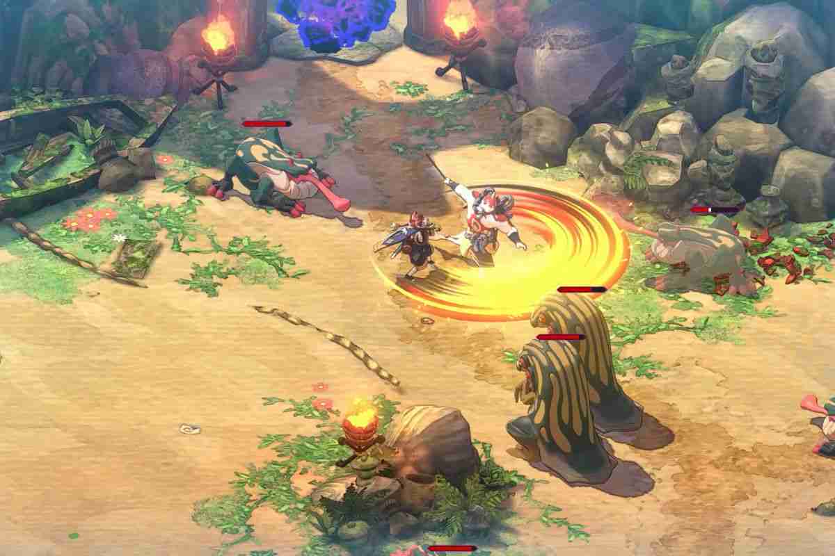 personaggio visto dall'alto che sferra fendente arancione