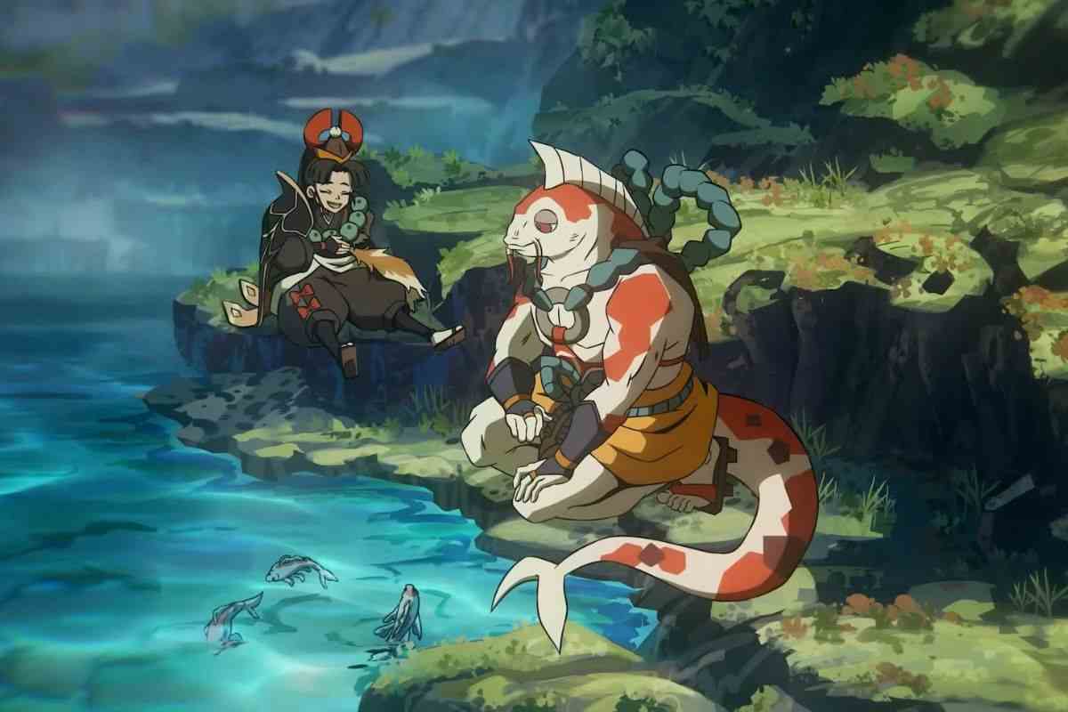 uomo con uomo pesce che pesca