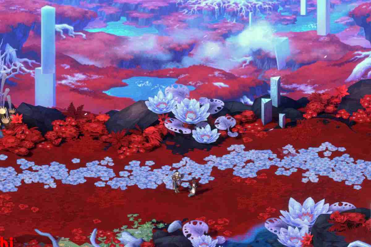 vista dall'alto due personaggi che camminano in campo con fiori rossi