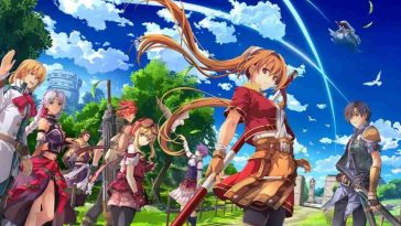 personaggio femminile con capelli lunghi e spada, personaggio maschile con spadina, personaggi anime sullo sfondo con alberi