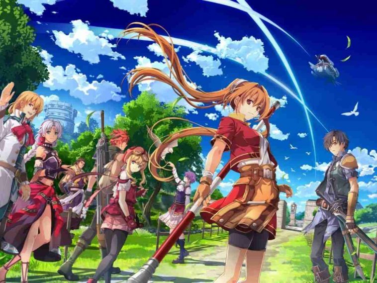 personaggio femminile con capelli lunghi e spada, personaggio maschile con spadina, personaggi anime sullo sfondo con alberi