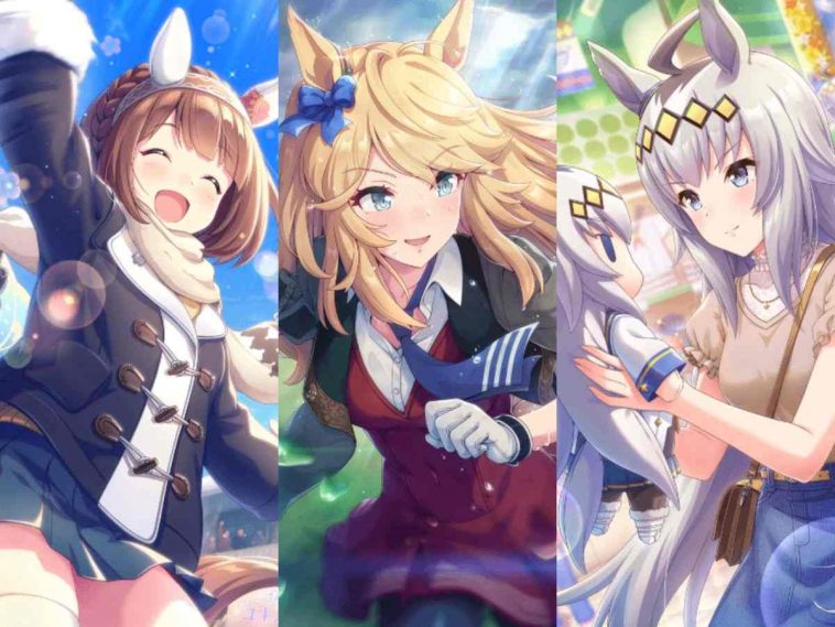 tre immagini affiancate di support card di umamusume pretty derby