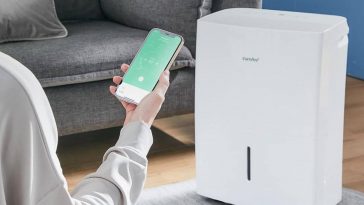 persona tiene in mano cellulare con app davanti a deumidificatore con divano