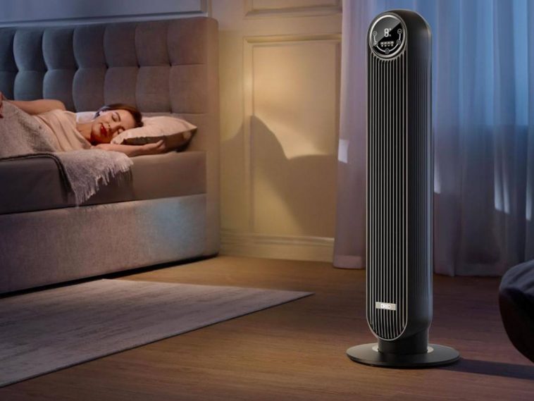 Dreo 28dB Ventilatore a Torre Silenzioso accanto a donna che morte