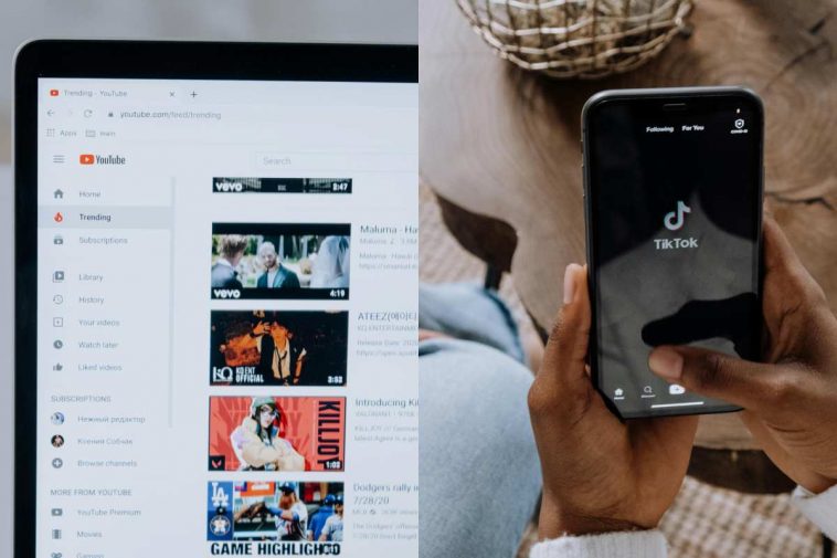 Una schermata di YouTube e l'app TikTok su uno smartphone