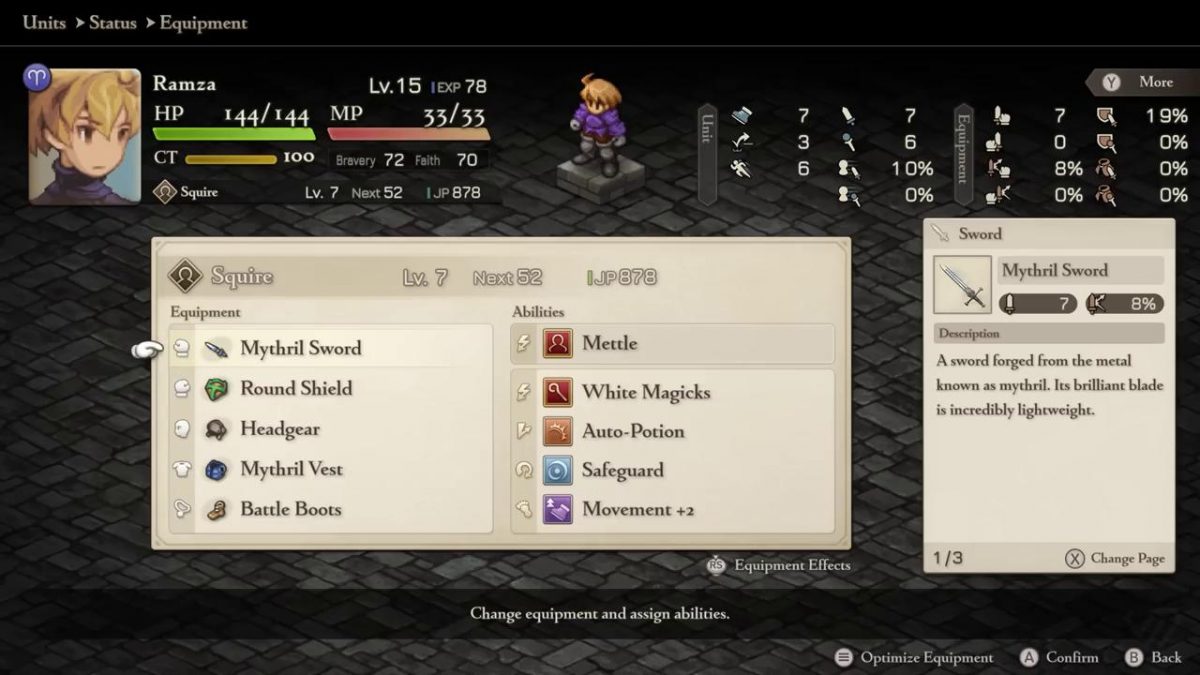 Il menu degli equipaggiamenti di Final Fantasy Tactics The Ivalice Chronicles