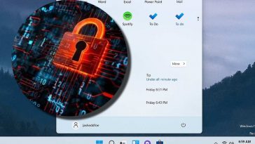 La schermata di Windows 11 con il menu e, in evidenza, un lucchetto informatico