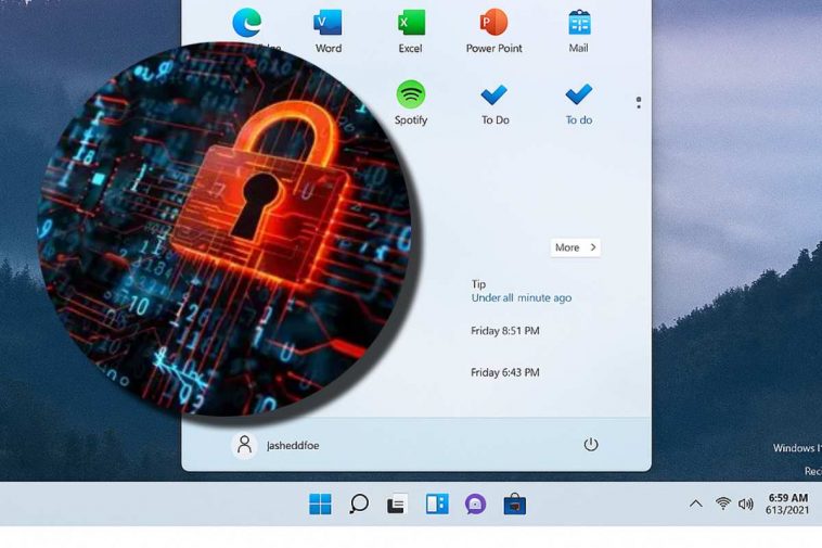 La schermata di Windows 11 con il menu e, in evidenza, un lucchetto informatico