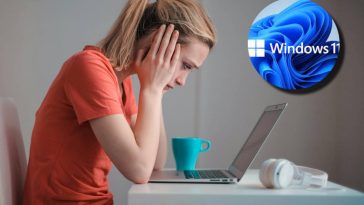 Una ragazza di fronte a un portatile e, in evidenza, il logo di Windows 11