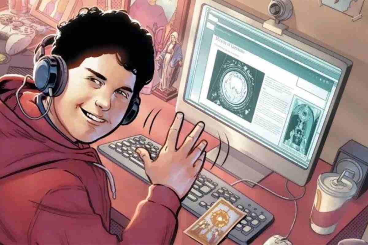 fumetto carlo acutis al computer alla scrivania