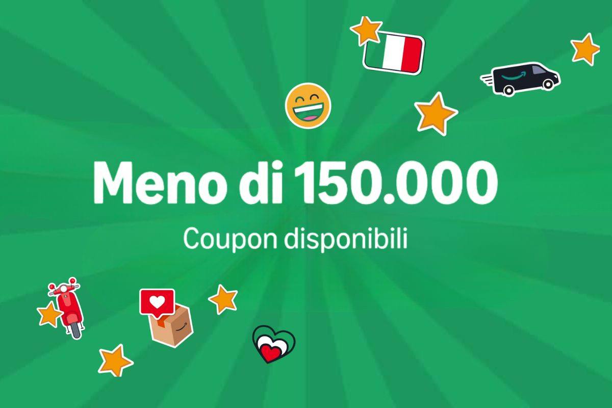 scritta meno di 150.000 coupon disponibili, emoji sorridenti, cuori, immagini camioncini