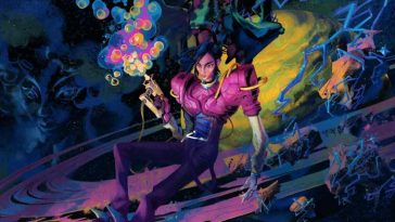 protagonista femminile nello spazio con tuta viola, fumi tossici