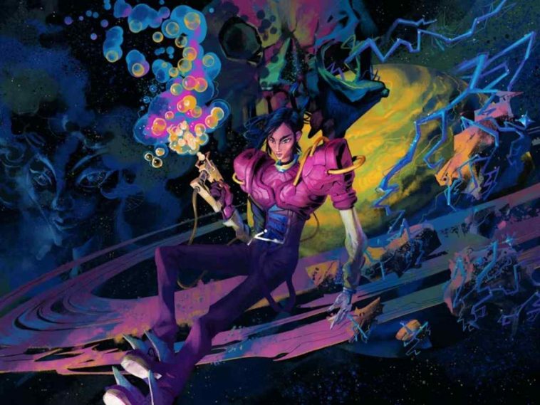 protagonista femminile nello spazio con tuta viola, fumi tossici