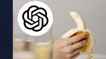 Una mano che regge una banana sbucciata e, in evidenza, il logo di ChatGPT