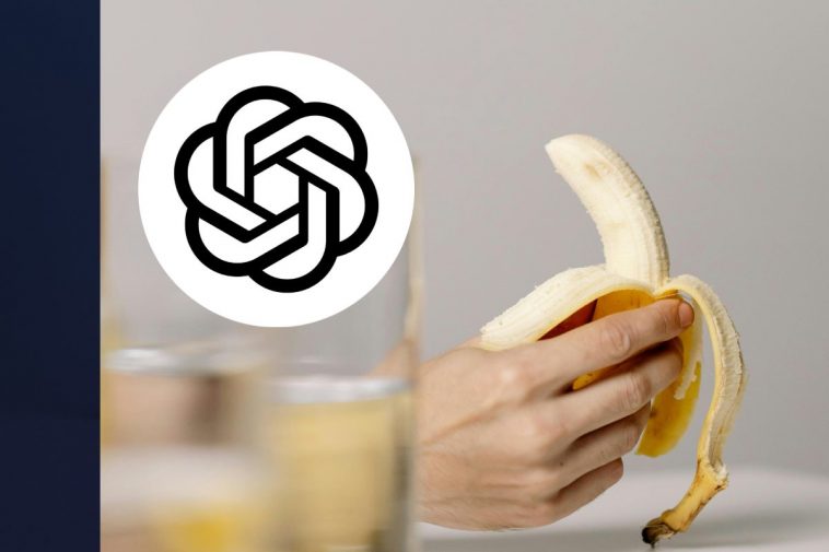 Una mano che regge una banana sbucciata e, in evidenza, il logo di ChatGPT