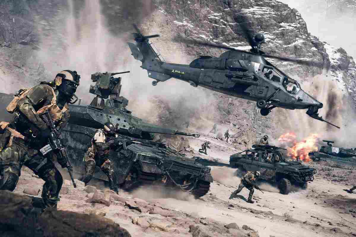 elicotteri, carrarmati e soldati che corrono